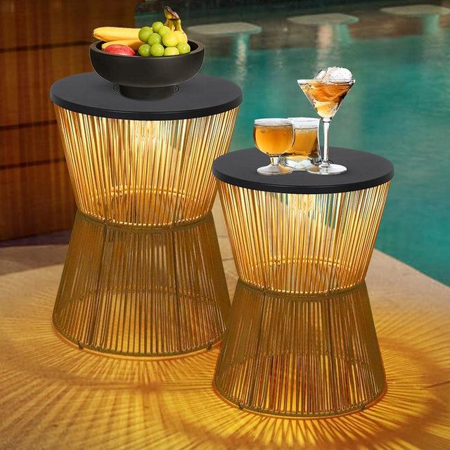 HMVPL Solar Outdoor Side Table with Dimmable Light, Patio Side Tables for Outside, Round Outdoor End Tables Set of 2, Plastic Rattan Patio End Accent Table for Poolside Backyard Gazebo, Dusk to Dawn