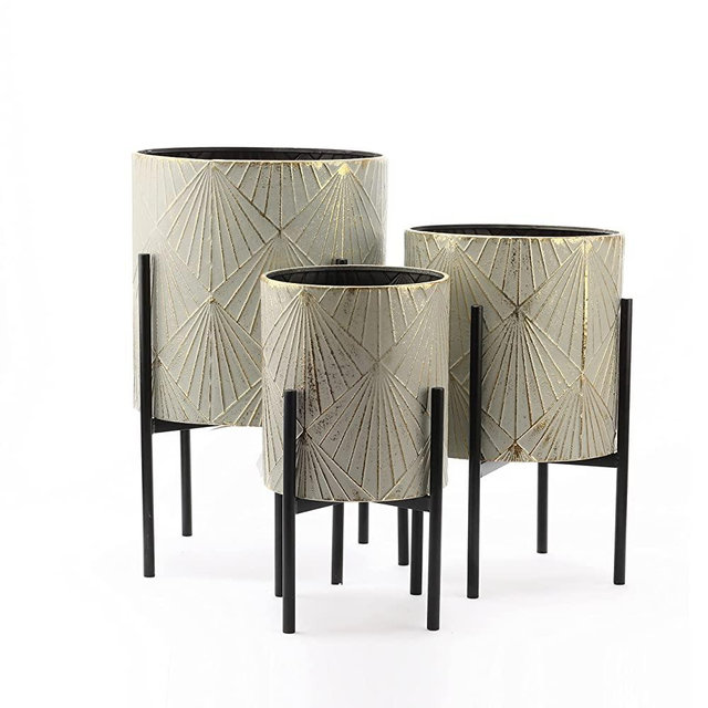LuxenHome Planters for Indoor Plants, Set of 3 Plant Pots, Luxury Flower Pots, Gray and Gold Metal Cachepot Planters with Black Stand