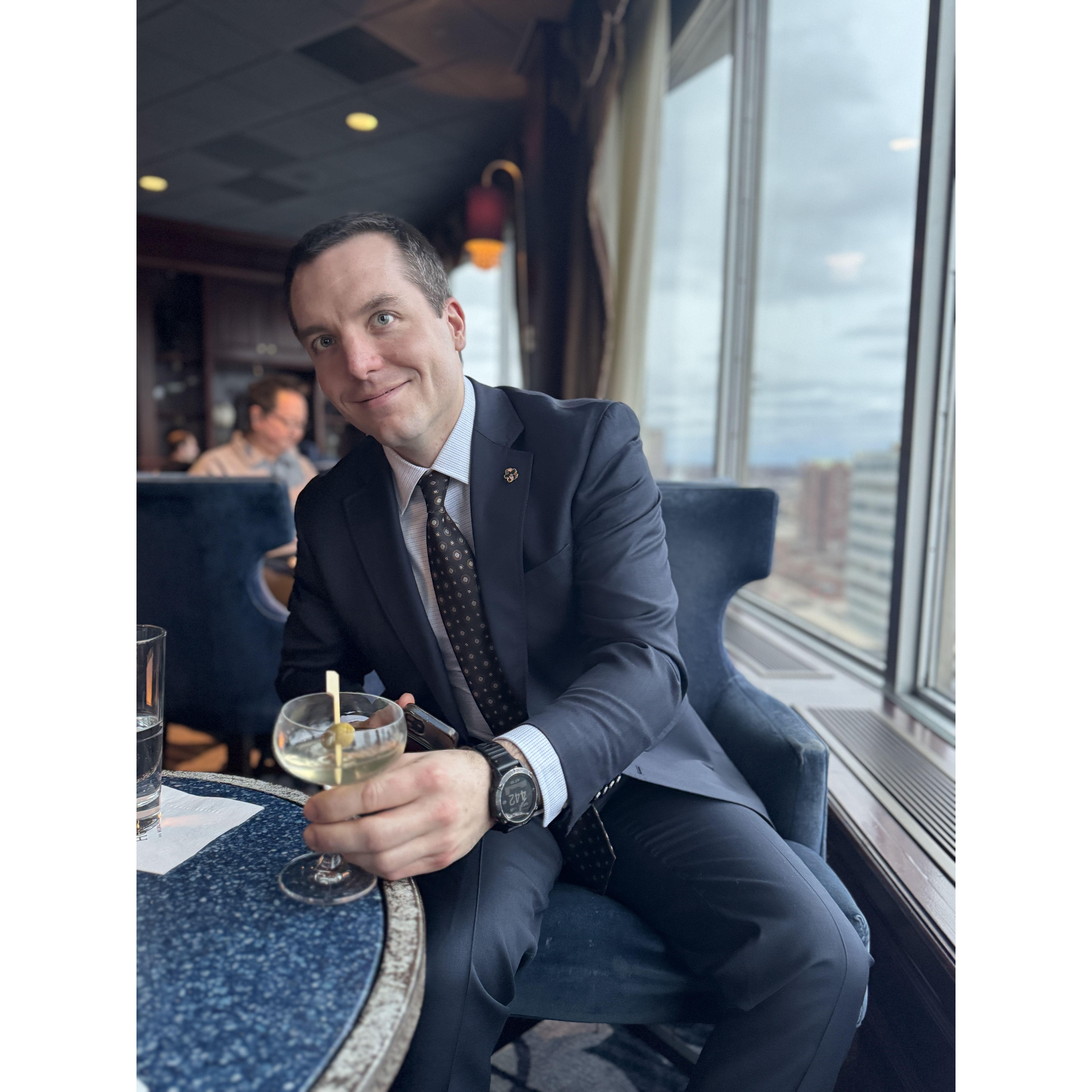 All dressed up for a wedding, having our own cocktail hour at the Pfister