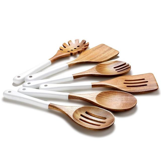 ROSOS Wooden Spoons For Cooking, 6 Pieces Natural Acacia Wooden Cooking Utensils or Non-Stick Wooden Kitchen Utensil Set for Kitchen Essentials, Wooden Cooking Utensils Set with Hanging Hole, White