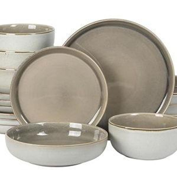 Gibson Elite Sunveil 16 Piece (Service for 4) Plates and Bowls Reactive Glaze Round Dishes Stoneware Ceramic Dinnerware Set - Light Taupe