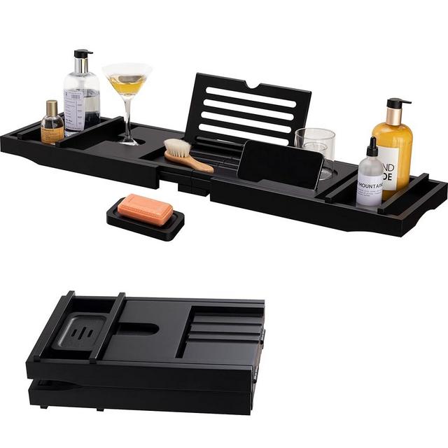 HBlife Bathtub Caddy Tray Foldable Bamboo Bath Table Tray with Book and Wine Glass Holder, Expandable Bathroom Accessories