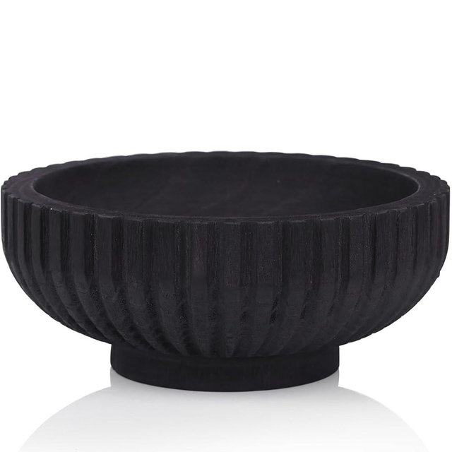XMGZQ Black Decorative Bowl for Home Decor,Black Fruit Bowl for Kitchen Counter,Large Black Bowl Decor,Farmhouse Fruit Bowl Black,Centerpiece Bowl,Round Wooden Fluted Bowl (Black)