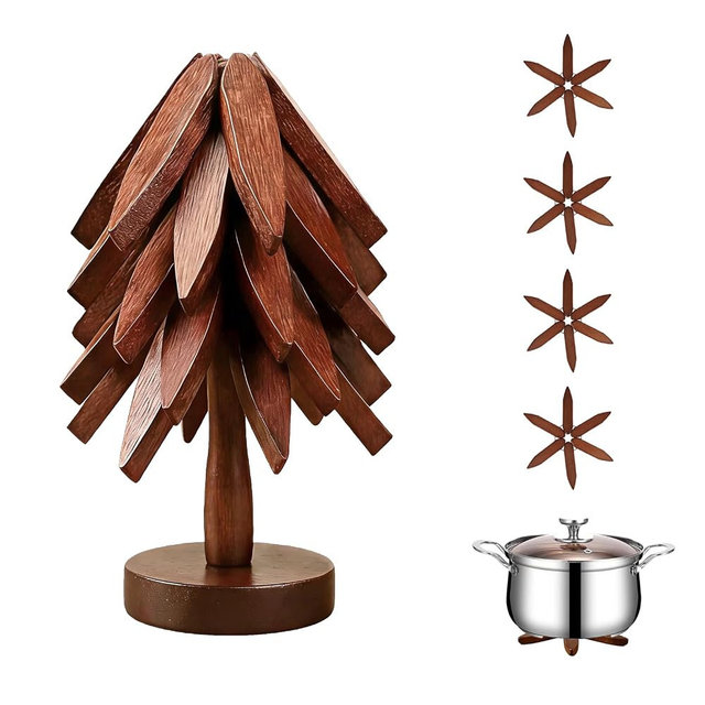 Csydxbbe Bamboo Trivets for Hot Dishes, Tree Shape Trivet Set, 5 Bamboo + 1 Stand stored Like a Tree,Foldable Kitchen Wooden Trivet, for Hot Pot Holders for Pots, Bowls and Teapot