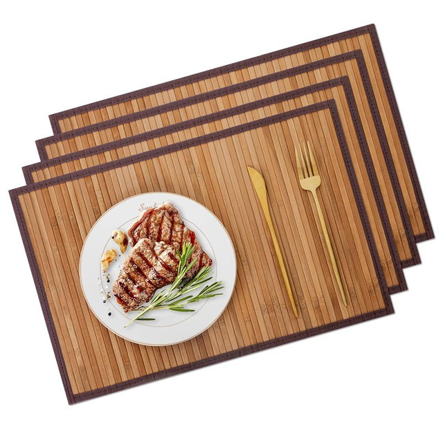 Chryeiiu Bamboo Placemats with Fabric Border Set of 4 Natural Bamboo Rectangular Rolling Table Mats for Dining Kitchen Table Heat Resistant Table Protection Light Brown