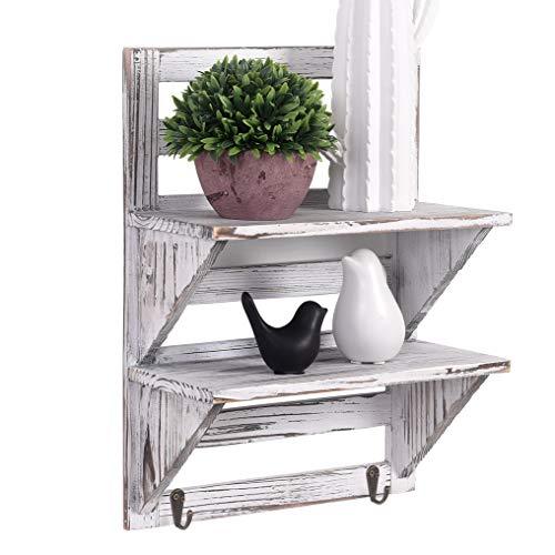 Rose Home Fashion RHF Rustic Shelves Bathroom Shelf Over Toilet Wood Wall Mounted Shelves for Bathroom Floating Shelves Wall Shelves 2 Hooks 2-Tier,Wall Hanging Shelf Organiser Rack (White)