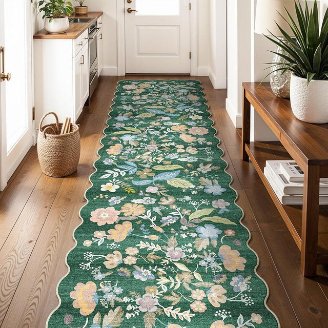 3x12 Washable Hallway Runner Rug: Non Slip Floral Scalloped Runner Rugs for Kitchen 12ft Long Floor Mat for Indoor Entryway Boho Carpet Runner for Living Room Bedroom (Green, 3x12)