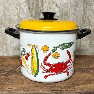 Vintage Enamel Steamer Pot, Crab and Vegetable Nautical Decor, 5 Qt
