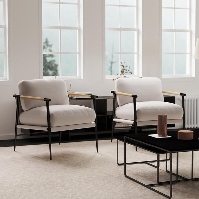 Ya-Home Mid-Century Accent Chair Set of 2, Soft Armchair Chenille Fabric Lounge Chair with Black Metal Legs, Upholstered Leisure Chair for Living Room Bedroom Reception Room, Beige