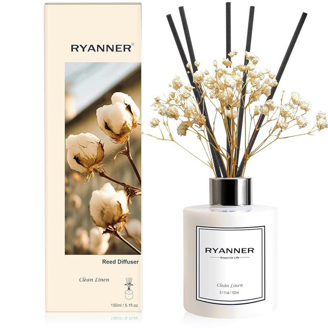 RYANNER Reed Diffuser Set,5.1 fl oz Clean Linen Scent Diffuser with Sticks Home Fragrance Reed Diffuser with Essential Oil for Bathroom Shelf Decor&Air Freshener,Home Bathroom Office Decor & Gifts