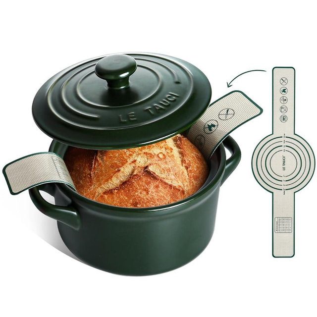 LE TAUCI 3 qt Ceramic Dutch Oven for Bread Baking with Silicone Sling- Lightweight, Non-Toxic, No Seasoning Needed- Oven, Microwave & Dishwasher Safe, Ideal for Home Bakers & Beginners, Forest Green