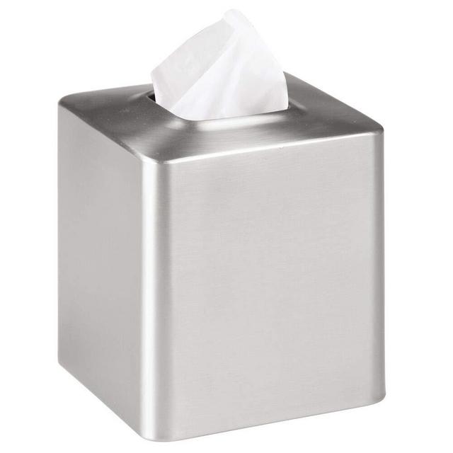 mDesign Square Paper Facial Tissue Box Cover Holder for Bathroom Vanity Countertops, Bedroom Dressers, Night Stands, Desks and Tables - Metal - Brushed