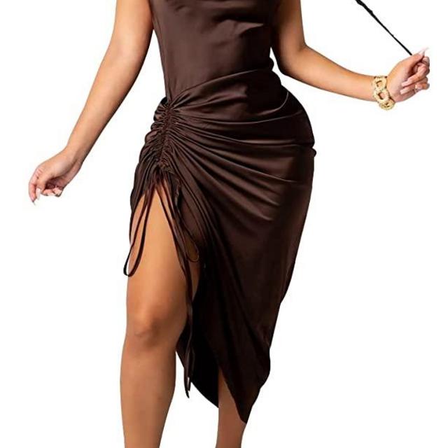 WUSENST Women's Spaghetti Strap Satin Dress Sexy Backless Drawstring Ruched Split Hem Cocktail Evening Party