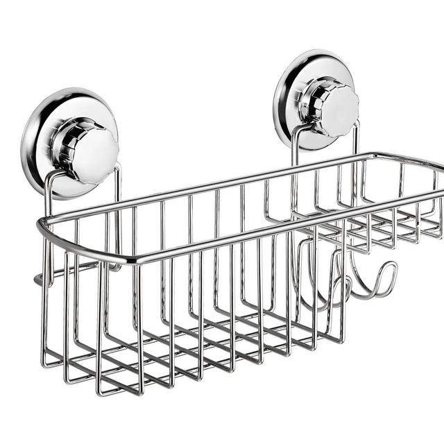 HASKO accessories - Powerful Vacuum Suction Cup Shower Caddy Basket for Shampoo - Combo Organizer Basket with Soap Holder and Hooks - Stainless Steel Holder for Bathroom Storage (Chrome)