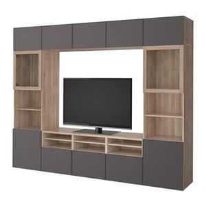 BESTÅ				TV storage combination/glass doors, walnut effect light gray Grundsviken, dark gray clear glass
