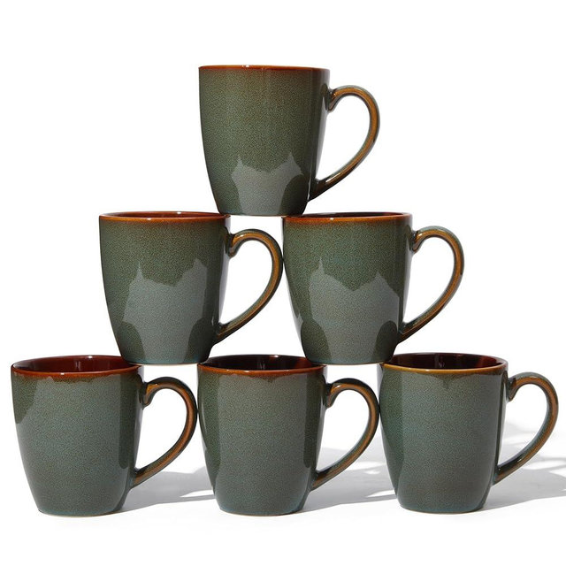 Pokini Coffee Mug 14 oz, Ceramic Coffee Mugs Set of 6, Reactive Glaze Mug for Latte/Tea/Cappuccino, Large Stackable Mug Set for Men, Women, Dad, Mom, Dishwasher & Microwave Safe, Brown Green