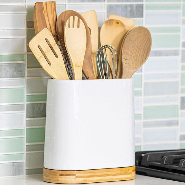 Large Kitchen Utensil Holder for Countertop with Bamboo Wooden Base | Farmhouse White Ceramic Cooking Tool Crock | Space Saving Cylindrical Rectangular Oval Shape | Counter Organizer for Spatula