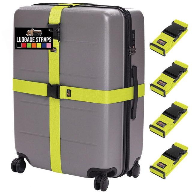 GORILLA GRIP Heavy Duty 4 Pack Adjustable Luggage Straps for Suitcases, Easy to Identify Travel Belt Connector Holds Suitcase Together, Extends Life of Bag, Strap Connects Two Bags, Accessories Yellow