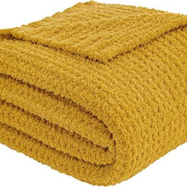 RECYCO Super Soft Throw Blanket for Couch, Warm Cozy Lightweight Throw Blanket Knit Blankets for Bed Chair Sofa Living Room, Mustard Yellow, 50x60 Inches, Laundry Bag Included