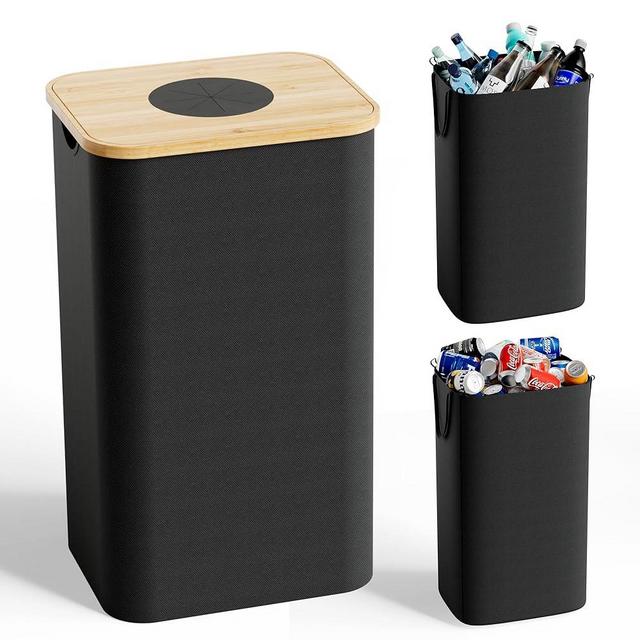 Magicheap Recycling Bins for Kitchen, 26 Gallon (100L) Recycle Bin with Bamboo lid, Indoor Recycling Trash Can with 2pcs Removeable and Reusable Inner Bags for Bottle Can Glass Plastice, Black