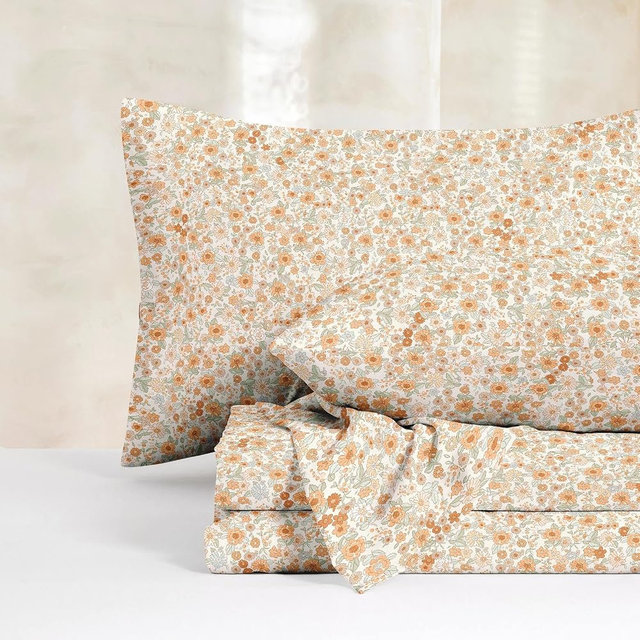Wake In Cloud - Floral Bed Sheets, 4-Piece Sheet Set, Shabby Chic Flower Pattern Printed Country Coquette Cottage Aesthetic Bedding, Deep Pocket, Cream Orange, King Size