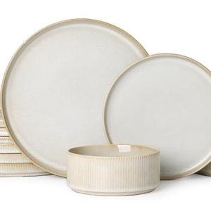 Stoneware Dinnerware Sets for 4, Stoneware Plates and Bowls Set, 12-Piece Ribbed Dishes – Chip & Scratch Resistant, Microwave and Dishwasher Safe Tableware, Warm White