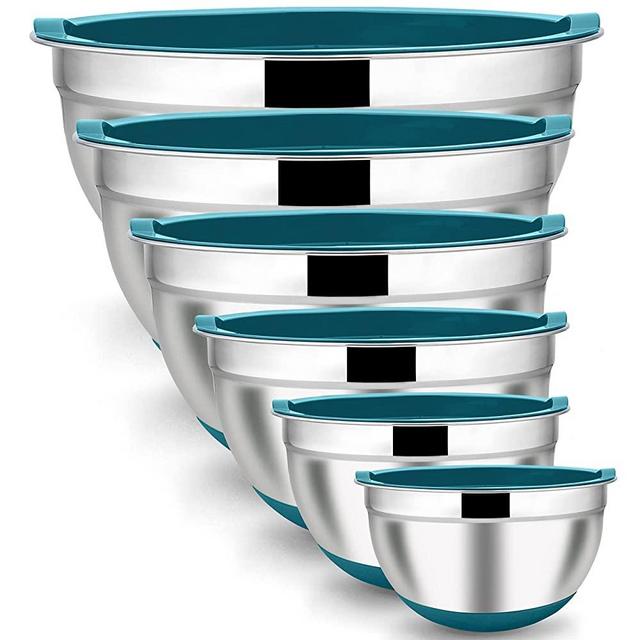 LIANYU Mixing Bowls with Airtight Lids Set of 6, Stainless Steel Nesting Mixing Bowl with Non-slip Bottom, Size 7, 3.5, 2.5, 2, 1.5, 1QT, Large Metal Bowls for Cooking, Baking, Food Storage, Dark Blue