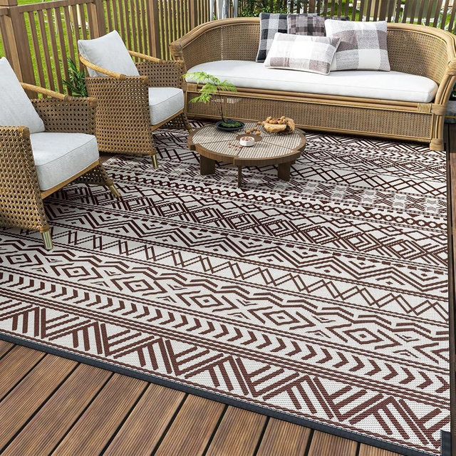 MontVoo-Outdoor Rug Carpet Waterproof 8x10 ft Reversible Patio Rug RV Camping Rug-Plastic Straw Rug Outside Indoor Outdoor Area Rug for Patio Deck Balcony Picnic Beach Outdoor Decor Boho Beige Brown