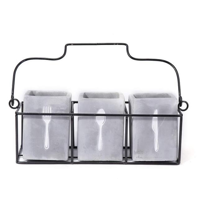 Kitchen Utensil Holder Set (4 Pieces) - 3 Cement Utensil Crocks & 1 Portable Wire Caddy - Embossed Design-Organize Your Flatware & Silverware with Ease (Square)