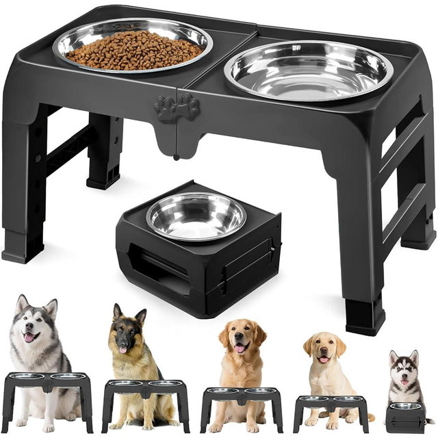 Elevated Dog Bowls for Large Dogs 5 Adjustable Heights 7.5"-15.4", 2 X-Large 10” Stainless Steel Bowls, Heavy Duty Raised Dog Bowl Stand Foldable Pet Feeder for Dogs Shoulder Height Over 15”, Black