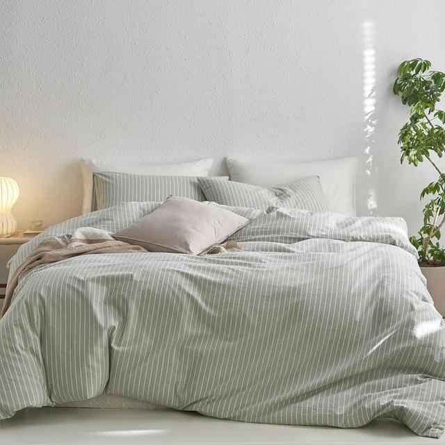 MooMee Bedding Duvet Cover Set Striped 100% Washed Cotton Linen Like Textured Breathable Durable Soft Comfy (Sage Green White Stripe, Queen)