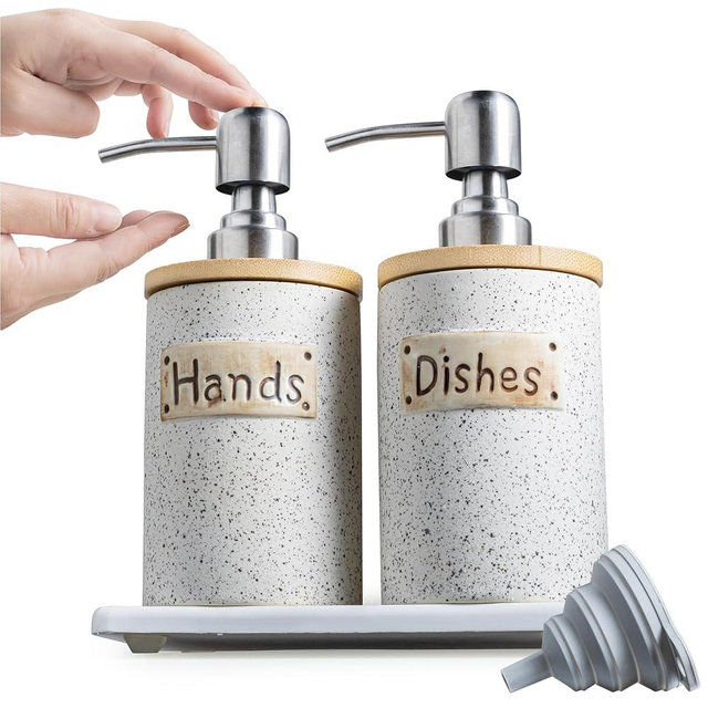 YHOJOY Kitchen Soap Dispenser Set, Ceramic Hand and Dish Soap Dispenser Set with Tray Collapsible Funnel, Hand Soap and Lotion Dispenser for Bathroom, White Bathroom Accessories