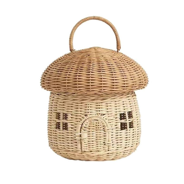 Mushroom Basket Handmade Rattan Mushroom Storage Basket with Lid,Small Doll House Storage Basket,Decorative Hand Woven Shelf Organizer Cute Handmade Handcrafted Decor