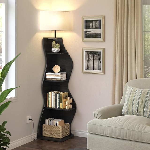 Evermagin 4 Tier Corner Shelf with Light, 64'' Tall Corner Bookshelf with Unique Shape, Stylish Wavy Bookcase Tower with Storage Organizer for Small Space, Living Room, Bedroom (Black)