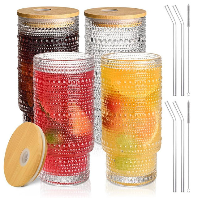 AUFXKOO 16OZ Glass Coffee Cups with Lids and Straw,4Pcs Glass Tumbler with Straw and Lid,Vintage Embossed Glassware for Whiskey Cocktail Beer,Iced Coffee Cup