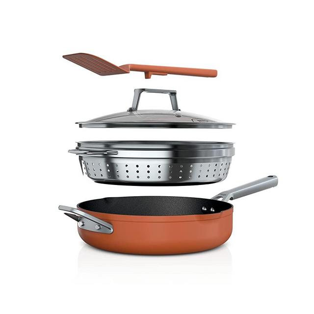 Ninja CW102CP Foodi NeverStick PossiblePan, Premium Set with 4-Quart Capacity Pan, Steamer/Strainer Basket, Glass Lid & Integrated Spatula, Nonstick, Durable & Oven Safe to 500°F, Smoked Paprika