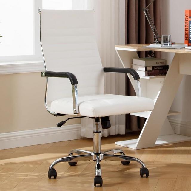 Haranuo Office Desk Chair, Ribbed PU Leather Executive Conference Task Chair, Adjustable Height Mid-Back Swivel Chair with Padded Seat and Square Tube Armrests