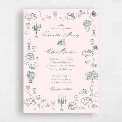 Dark Emerald, Beige Wedding Invitation - Elodie Portrait