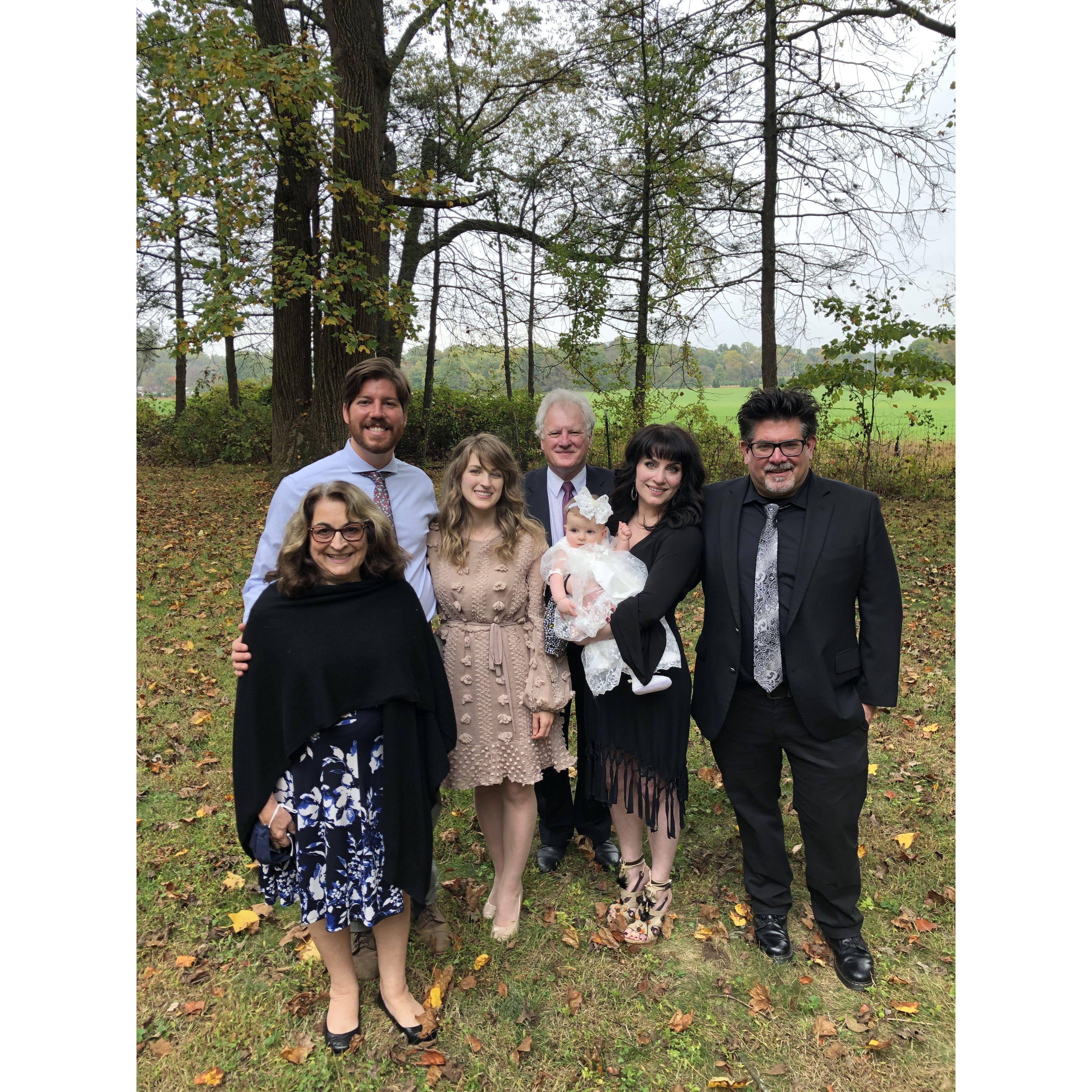 Sylvie's Christening. Loretta, Mike, Emily, Steve, Sylvie, Mads and Dave