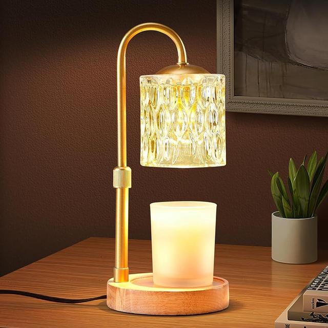 Briever Dimmable Candle Warmer Lamp with Timer, Height Adjustable Electric Candle Wax Warmer Jar Candles, Top-Down Light Heat Melting Wax with 2 Bulbs & Wooden Base for Gifts Home Decor