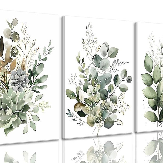 Bwodke Botanical Wall Art Plant Floral Watercolor Canvas Prints Set of 3 Framed Sage Green Painting Eucalyptus Leaf Picture Modern Minimalist Boho Decor Bedroom Bathroom Living Room 12"x16"