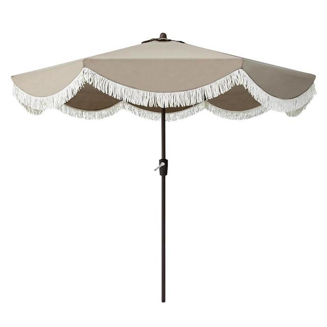 Tempera 9ft Auto Tilt Scalloped Patio Umbrellas with Fringe, Outdoor Table Umbrellas with Fade Resistant Canopy, 8 Sturdy Rids, Luxurious Vintage Umbrellas for Lawn, Pool, Deck, Balcony