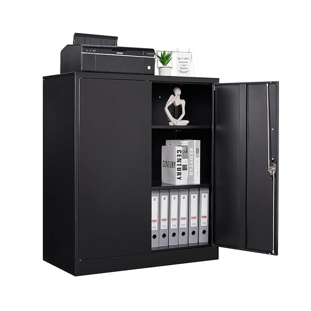 STANI Metal Storage Cabinet with 2 Adjustable Shelves, Steel Counter Cabinet with Lockable Doors for Home Office Warehouse Garage (Black, 36" H-Style 2)