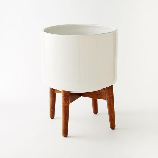 Turned Wood Leg Standing Planter, Wide, White