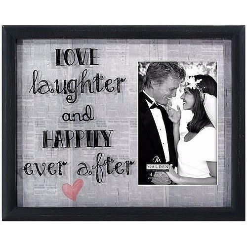 Malden International Designs Newsprint Sentiments Love Laughter and Happily Ever After Shadow Box with Silkscreen Glass and Printed Mat Picture Frame, 4x6, Black