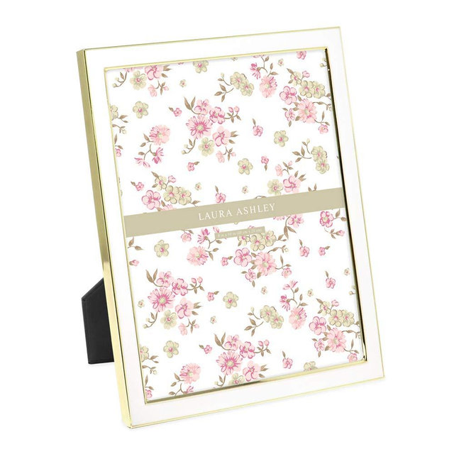 Laura Ashley 8x10 White Enamel Picture Frame, Gold Metal Edge with Easel, for Countertop, Counterspace, Tabletop Display, Bookshelf, Desk, Wall Décor, Photo Gallery
