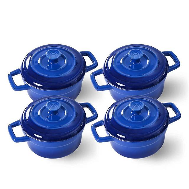 14 oz Mini Cocotte with Lid, Lareina Small Ceramic Round Casseroles Dish with Handles and Cover, Cute Stoneware Individual Severing Pot, Set of 4, Blue