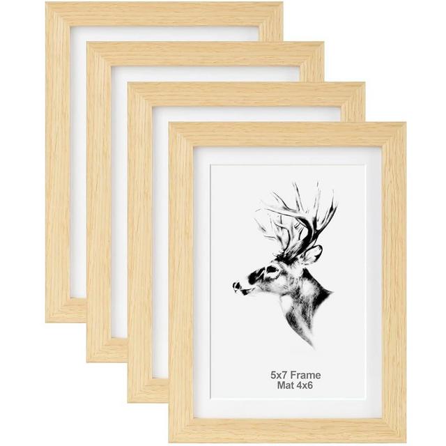 Yaetm 5x7 Oak Picture Frame with Mat for 4x6 Set of 4, Natural Solid Oak Wood Photo Frames 5 x 7 with Tempered Glass, Display on Tabletop or Wall Mounting