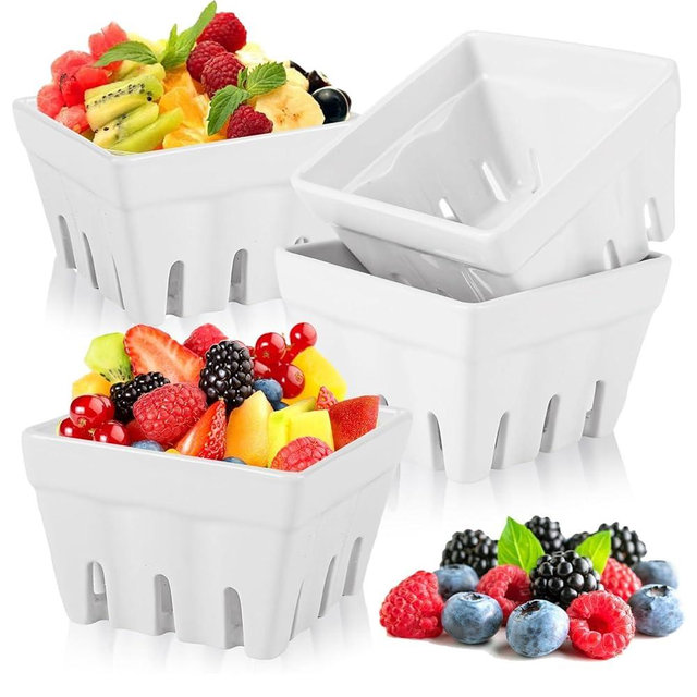 Oungy 4 Pack Ceramic Berry Basket Square Ceramic Fruit Bowls 4.4 Inch Decorative Ceramic Fruit Baskets for Berries Strawberry Grape Cherry(White)