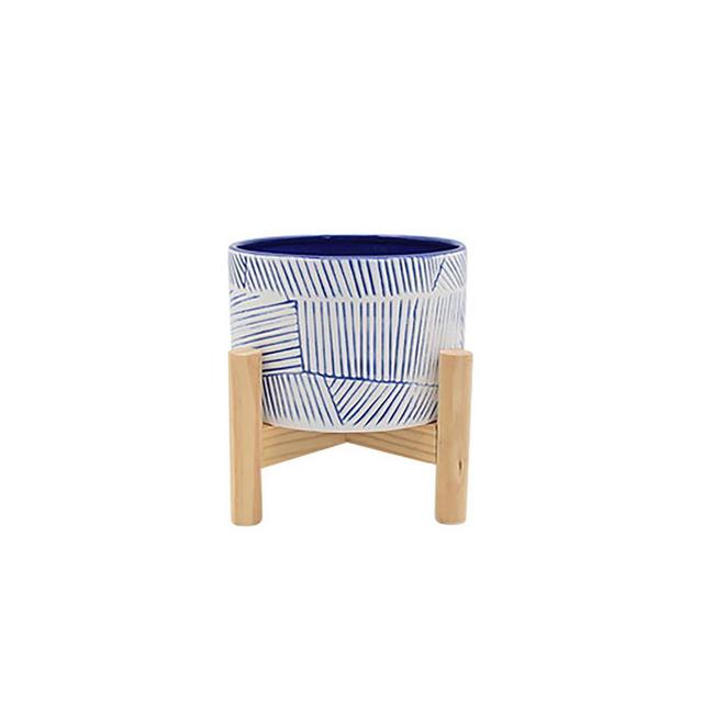 6" Ceramic Planter with Wood Stand Blue - Sagebrook Home